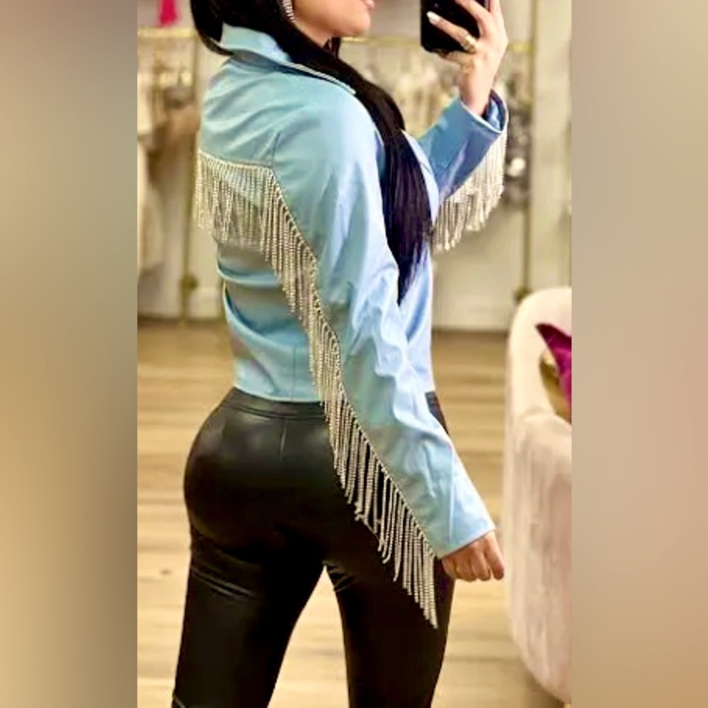 NWOT Blue B Cowgirl Rhinestone Fringe Faux Leather Jacket - Picture 7 of 15